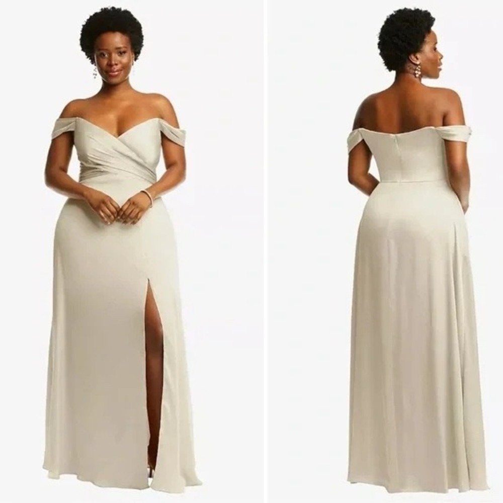 Dessy Collection Off-The-Shoulder Flounce Sleeve Empire Waist Gown With‎ Slit